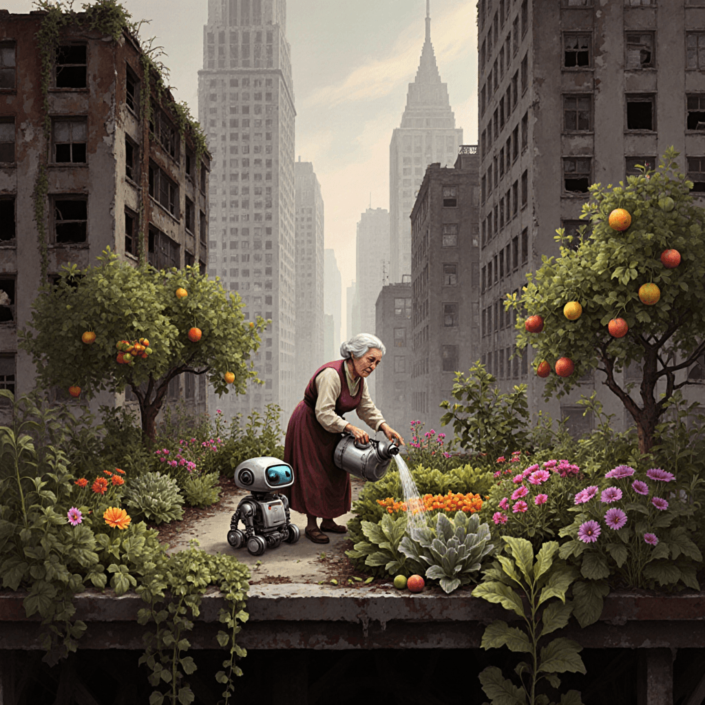In a post-apocalyptic, abandoned metropolis, where nature has begun to reclaim the decaying skyscrapers, a lone, elderly woman tends to a secret, rooftop garden. She is surrounded by a riot of colorful flowers, lush vegetables, and fruit-bearing trees, all thriving in stark contrast to the gray, concrete jungle below. A small, robotic companion, built from scrap metal, helps her water the plants. The style is a hopeful, yet melancholic, form of solarpunk, with a focus on the resilience of nature and the human spirit, rendered in a soft, painterly style.